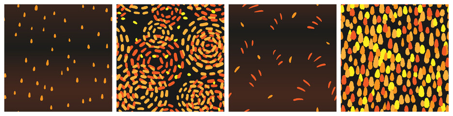 Firework and flame abstract seamless pattern set. High contrast vector design with flashes in the night.