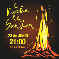 San Juan night, 23 of June beach fire show banner in Spanish language with bonfire clipart on the dark background. Banner template with fire and modern calligraphy. - obrazy, fototapety, plakaty