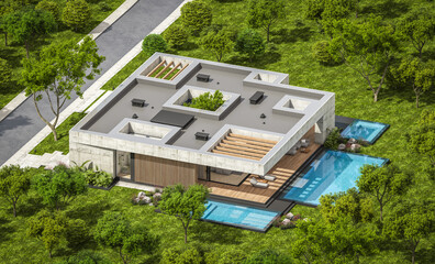 3d rendering of new concrete house in modern style with pool and parking for sale or rent and beautiful landscaping on background. The house has only one floor. Summer sunny day with clear blue sky.