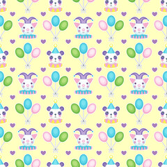 Obraz na płótnie Canvas Vector seamless pattern with toys and balloons on a yellow background. Circus theme.