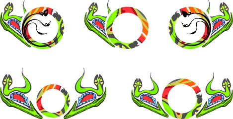 Snake symbols with colorful circle frames on white. Striped frames with floral motif for invitation cards, banners, emblems, logos, fashion trends, wallpaper, fabric products, prints, web icons, etc.