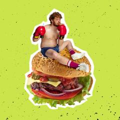 Contemporary art collage. Fat shirtless man with boxer gloves sitting on giant burger and eating slice of pizza isolated over green background