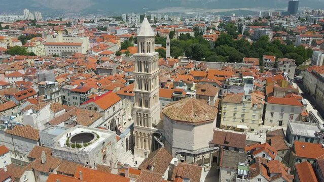 A an aerial picture of Split city centre showing Diocletian's Palace, the bell tower of the cathedral of St Domnius.  Diocletian's palace view, Dalmatia, Croatia
