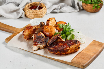 Roasted chicken with spices and herbs on wooden plate. Traditional caucasian food - chicken tabaka. Grilled chicken with bread and sauce on concrete background.