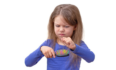 Isolated caucasian little girl of 5-6 years with long hair pulling out hair from brush on white...