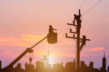 silhouette electrician working on high voltage pole install equipment 