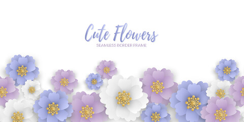 Cute flowers on white background seamless border frame decoration template for advertising.