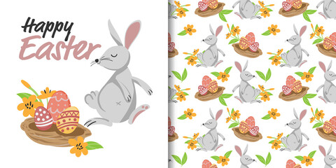 Cute Easter greeting banner and seamless pattern of rabbit with Easter eggs on bird nest and flowers with leaves on white background.
