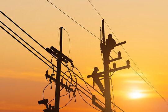 Silhouette Electrician Working On High Voltage Pole Install Equipment 