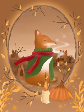 Fox illustration with autumn elements