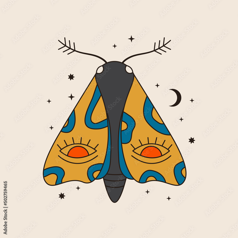 Poster 70s vector psychedelic tattoo moth. retro groovy graphic element of butterfly with abstract wings. c
