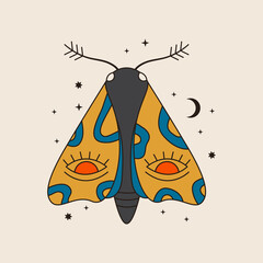 70s vector psychedelic tattoo moth. Retro groovy graphic element of butterfly with abstract wings. Cartoon hippy sticker. Vintage boho illustration