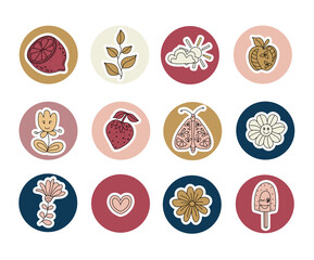Story highlighting icons collection for social media. Round sticker set with funny drawn elements, groovy stickers. Trendy bohemian illustrations. Modern boho stickers for web, app and brand design.