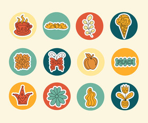 Story highlighting icons collection for social media. Round sticker set with funny drawn elements, groovy stickers. Trendy bohemian illustrations. Modern boho stickers for web, app and brand design.