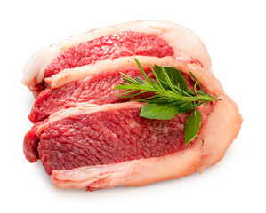 Sliced brisket beef isolate on white, Sliced brisket beef with rosemary on white background.