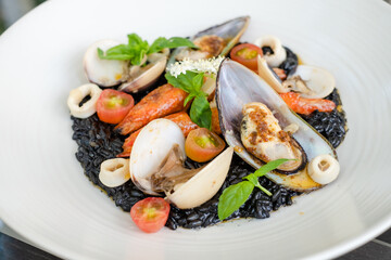 Italian Riso Pasta Tossed in Black Squid Ink &
Topped With Shrimps & Mixed Seafood