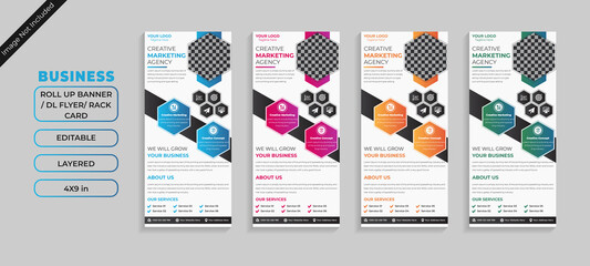 Rack Card or DL Flyer design template in three different colors blue orange pink. This geometric roll-up banner like flyer layout is used as an advert ad placard leaflet for promotion and publication