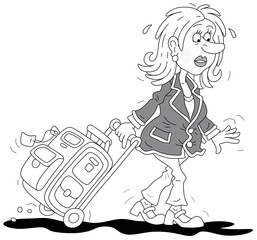 Tired girl tourist hurrying for a flight with her roll-aboard suitcase, vector cartoon illustration isolated on a white background