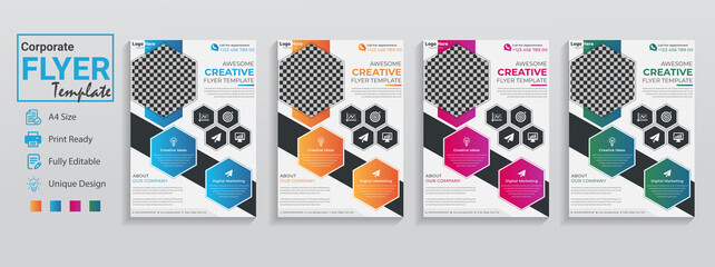 Geometric Flyer. Geometric flyer templates design with white background and infographic presentation. This trendy editable a4 geometric flyer sets are also used as brochure poster cover paper document