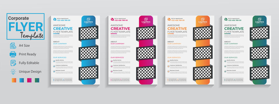 Unique flyer templates set are in 4 design colors purple orange blue. This is a creative business flyer in modern used for corporate event conference infographic workshop promotion brochure poster