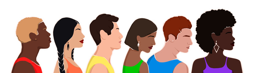 people from different ethnic groups in rainbow-colored clothes. LGBT community. Human rights. LGBTQ. Flat illustration, pride month.