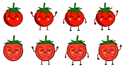 Cute kawaii style tomato icon, whole and halved Version with hands raised, down and waving
