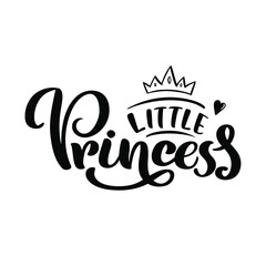 Vector illustration of Little Princess text for girls clothes. Princess badge, tag, icon. T-shirt design, card, banner template. Girl calligraphy background. Little Girl lettering typography.	

