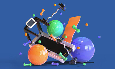 Online gym banner concept for sale with 3d realistic treadmill, dumbbells, barbell, fitball and yoga mat  on blue background. Vector illustration with render