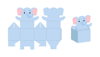 Simple packaging favor box elephant design for sweets, candies, small presents. Party package template for any purposes, birthday, baby shower. Print, cut out, fold, glue. Vector stock illustration