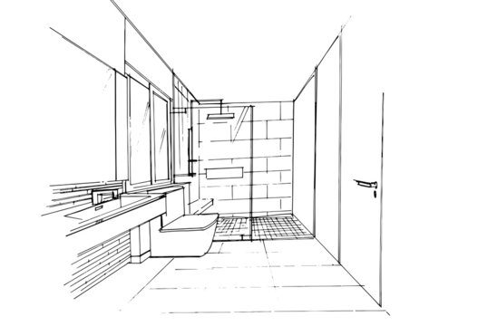 Line Drawing Small Bathroom .Modern Design,vector,2d Illustration