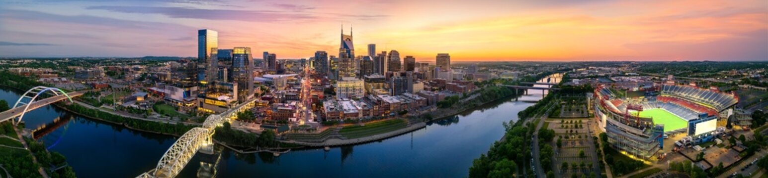 Nashville skyline with braodway and sunset