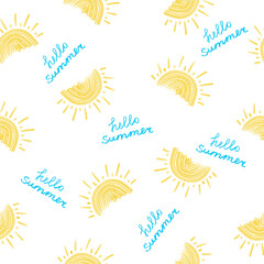 Cute seamless pattern of sun. Hello Summer. Bright and beautiful design for kids clothes, packaging and stationery.