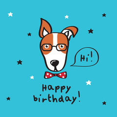 Happy birthday. Greeting card with cute dog. Vector
