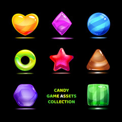 Illustration of candy icons in various shapes and designs that glow for the game.