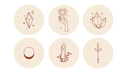 Sacred icons depicting the moon, sun and snakes in circles. Vector illustration. Set of icons and emblems for social media news covers. Design Templates for a Yoga Studio and an Astrologer Blogger