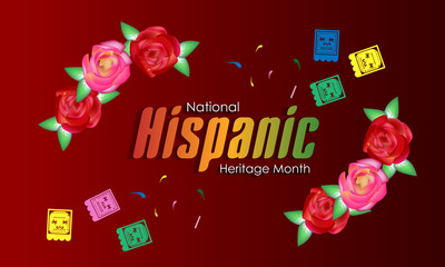 Hispanic Heritage Month. National Hispanic Heritage Month text, Papel Picado, Spanish pattern.