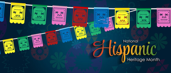 Hispanic Heritage Month. National Hispanic Heritage Month text, Papel Picado, Spanish pattern.