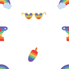 Seamless pattern with rainbows, glasses, ice cream and goblet in rainbow colors. LGBT. Pride month