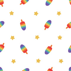 Fototapeta premium Seamless pattern of ice cream in rainbow colors and stars. LGBT. Pride month.
