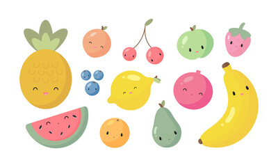 Fruit and Berry Characters. Vector illustration in cartoon style. For card, posters, banners, books and print for clothes, t shirt, icons.