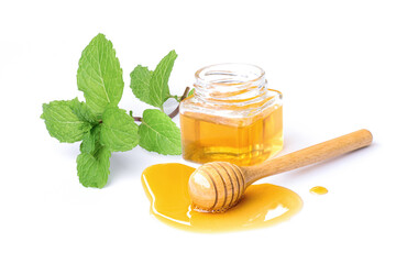 Mint leaf and honey isolated on white background.