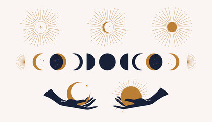 Set of mystical moon phase logo templates, female hands silhouette in minimal linear style. For cosmetics, beauty, tattoo, Spa, manicure, jewelry store
