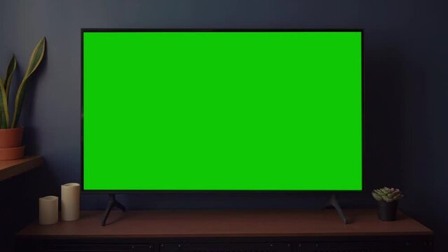 TV screen mockup background. Lcd tv monitor with blank green screen in living room while watching