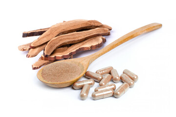 Lingzhi mushroom (Ganoderma Lucidum, Reishi) and herbal powder capsule isolated on white...