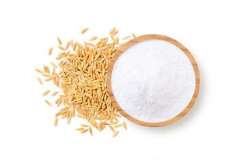 White rice flour in wooden bowl and paddy ear rice isolated on white background. Top view. Flat lay.