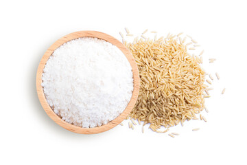 White rice flour and brown rice isolated on white background. Top view. Flat lay.