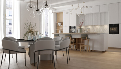 Modern interior of white kitchen with living room. 3d render	