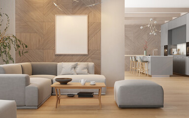 Wall mockup poster art in living room interior with kitchen. 3d render	
