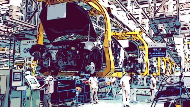 Car Assembly Plant with comic style - EV car and Old technology car