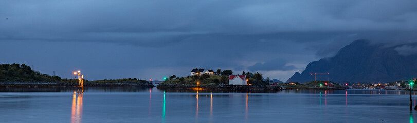 Fototapeta premium After sunset in Bronnoysund harbor - Buholmen island, Northern Norway,scandinavia,Europe